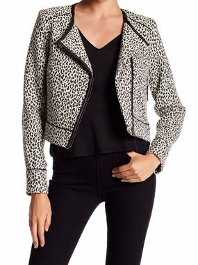Joie Black & Ivory Leopard Print Cropped Moto Jacket/Blazer